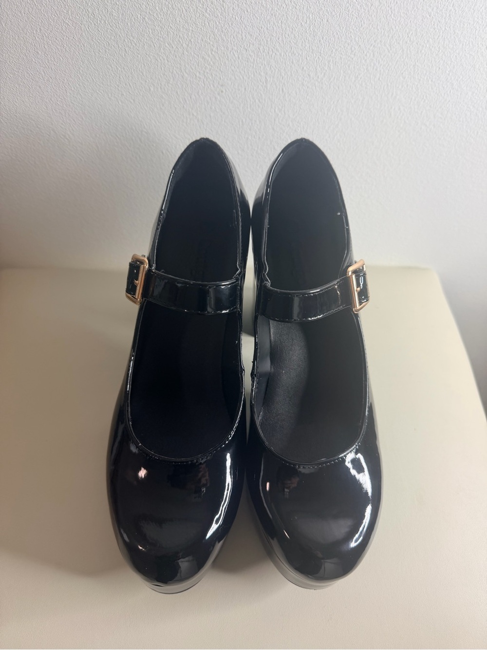 Patent Mary Jane Pumps with Gold Buckle - Black